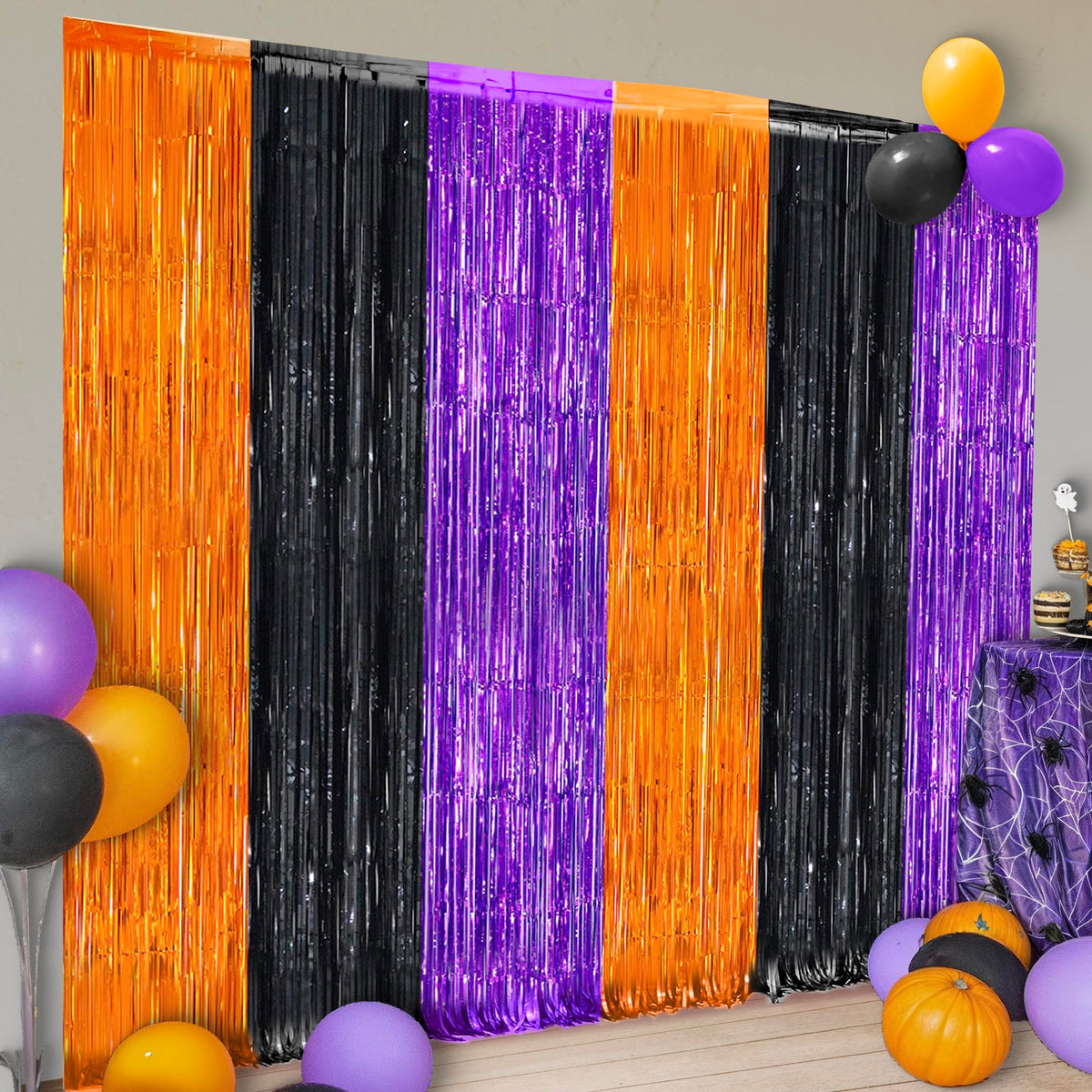 Halloween Lametta-Vorhang Orange, Schwarz & Lila – 2er-Set