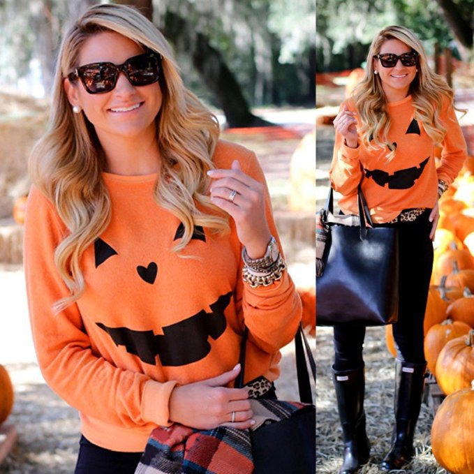 Halloween Hoodie mit Kürbis-Motiv – Orange