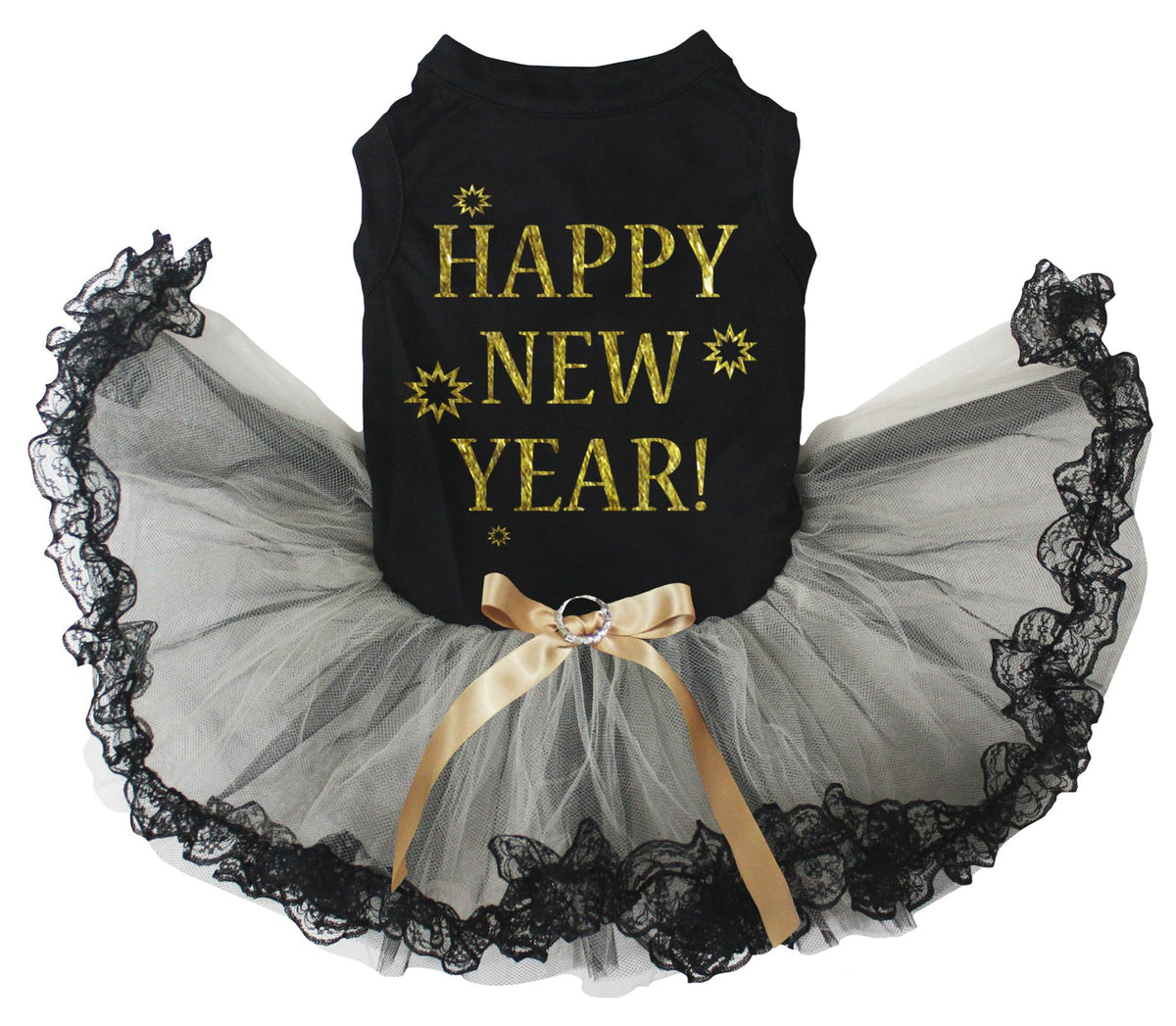 Silvester-Hundekleid Schwarz & Gold mit Spitze