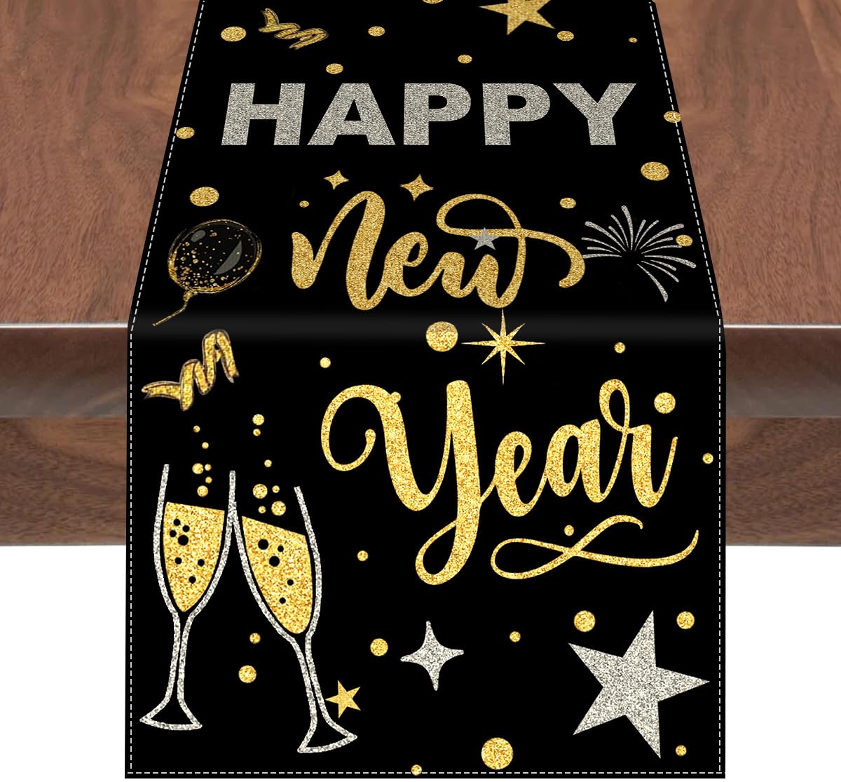 Silvester-Tischläufer Schwarz & Gold – Feuerwerk-Design