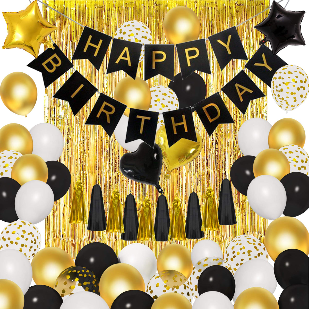 Schwarz-Gold Party-Deko Set mit Ballons & Happy Birthday Banner